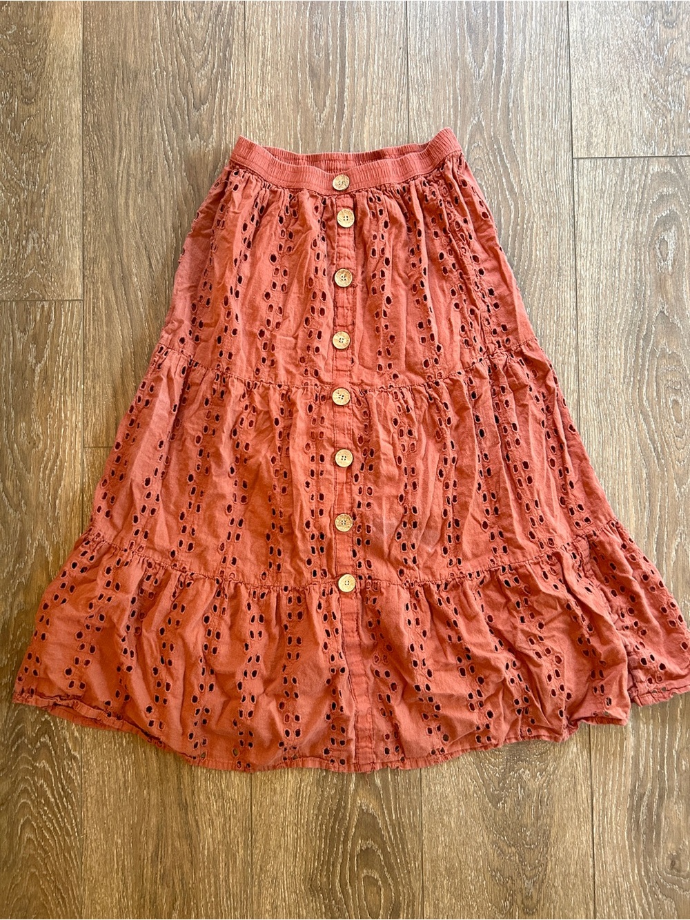 Tiered Eyelet Button-Front Maxi Skirt in Rust